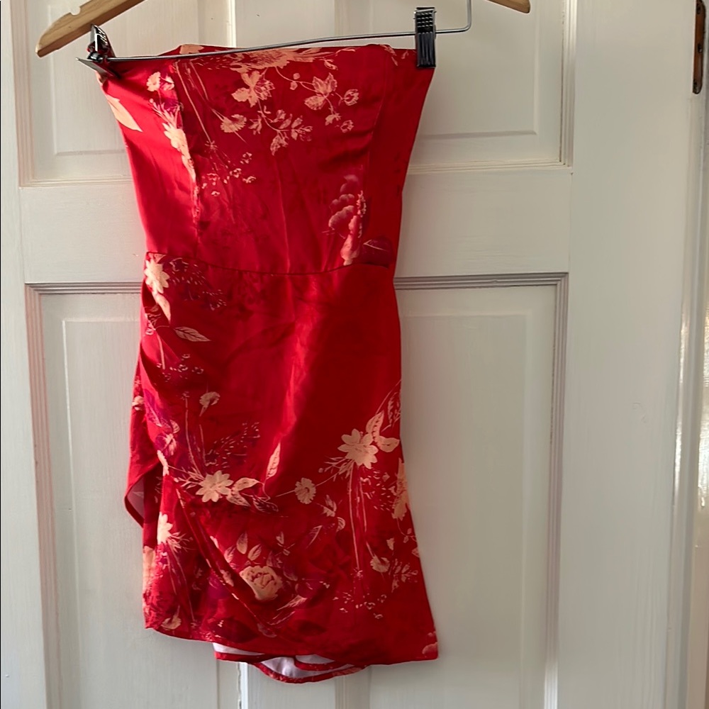 Floral Red Strapless Dress